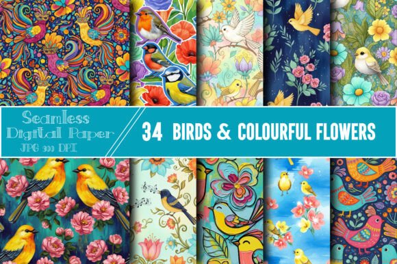 Birds Colourful Flowers Digital Papers
