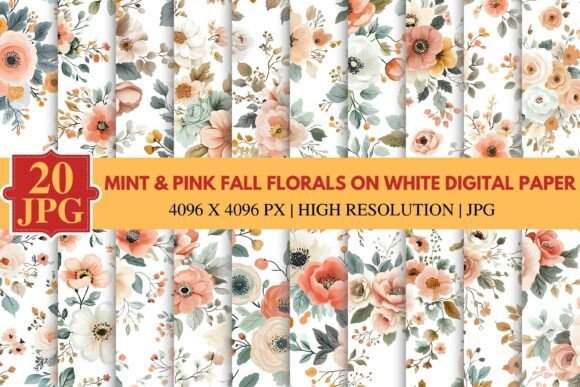 Mint Pink Fall Florals on White Digital Paper – A Versatile Tool for Autumn Creativity