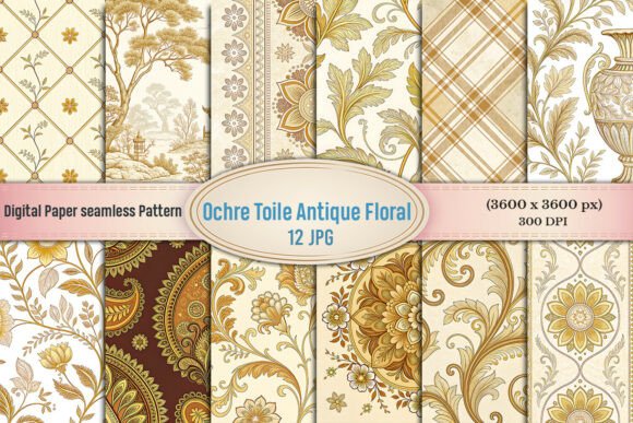 Ochre Toile Antique Floral Digital Paper