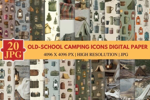 Old-School Camping Icons Digital Paper